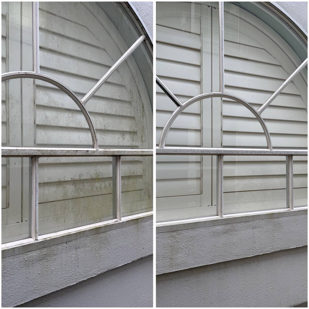 Before and after window cleaning — mildew removed to sparkling clean
