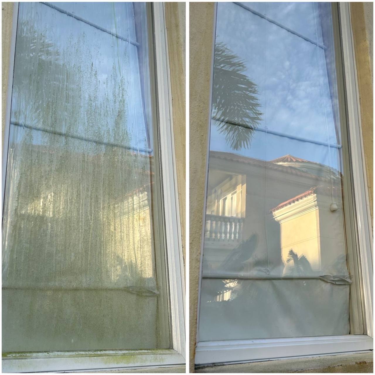 Before and after — tall window, mineral-caked side brought back to mirror-clear