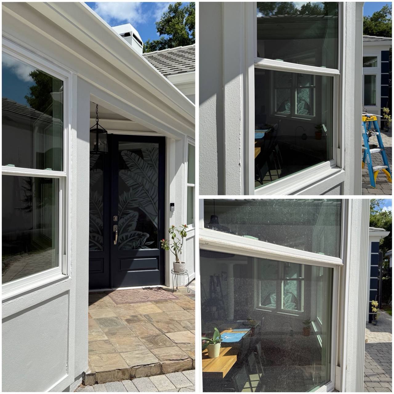 Finished entryway with crystal-clear windows reflecting the yard